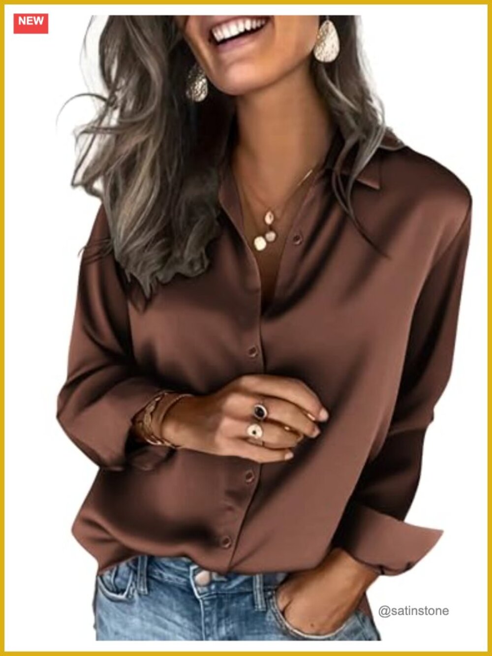 Satin Button Down Shirt Long Sleeve Blouse V-Neck Office Top